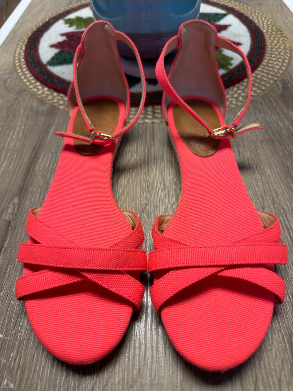 J.Crew Marina Canvas Low Wedge Ankle Strap Espadrille Sandals Neon Coral 6.5